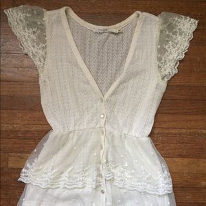 Blue Bird Top Blouse shirt Tunic Cream Lace Layers